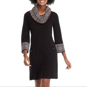 Jessica Howard NWOT Houndstooth Cowl Neck Sweater Dress Black Size Large